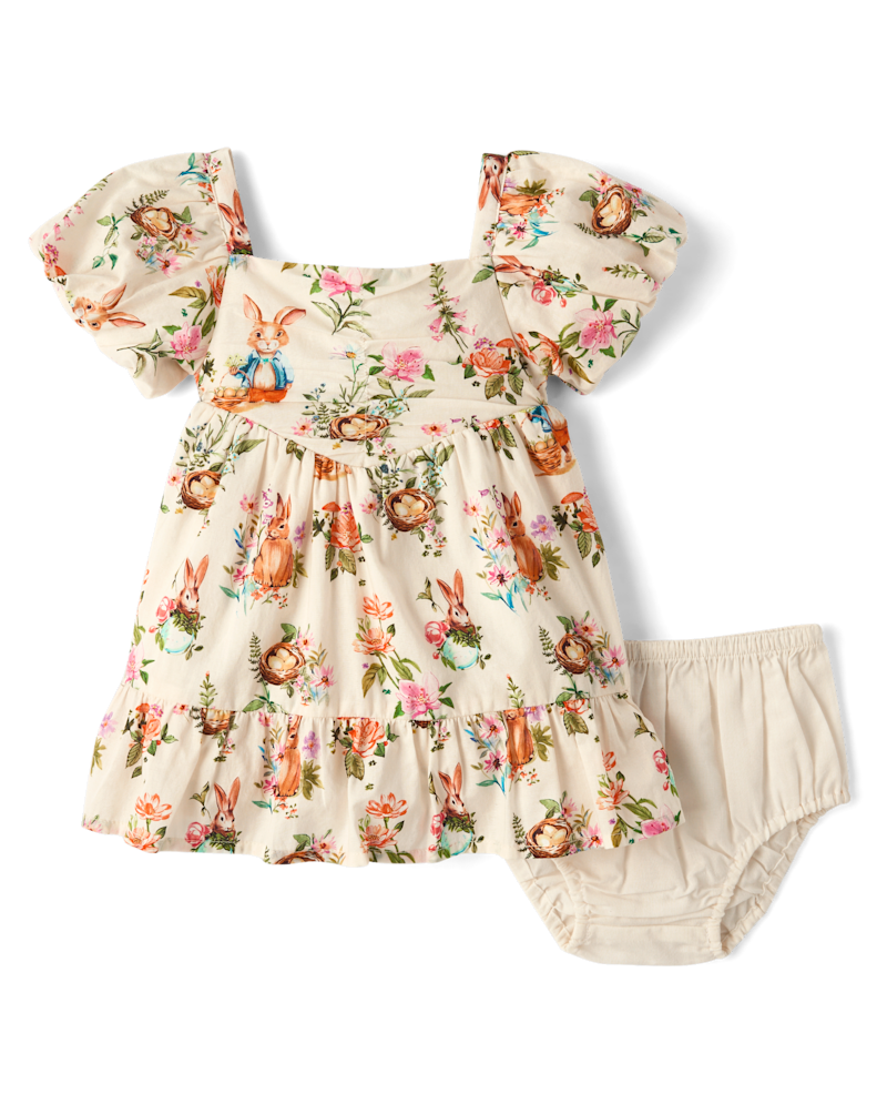 Baby Girls Short Puff Sleeve Bunny Ruffle Dress - Enchanted Garden