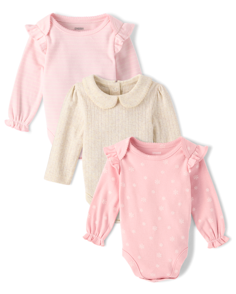 Baby Girls Long Sleeve Snowflake Flutter Bodysuit 3-Pack