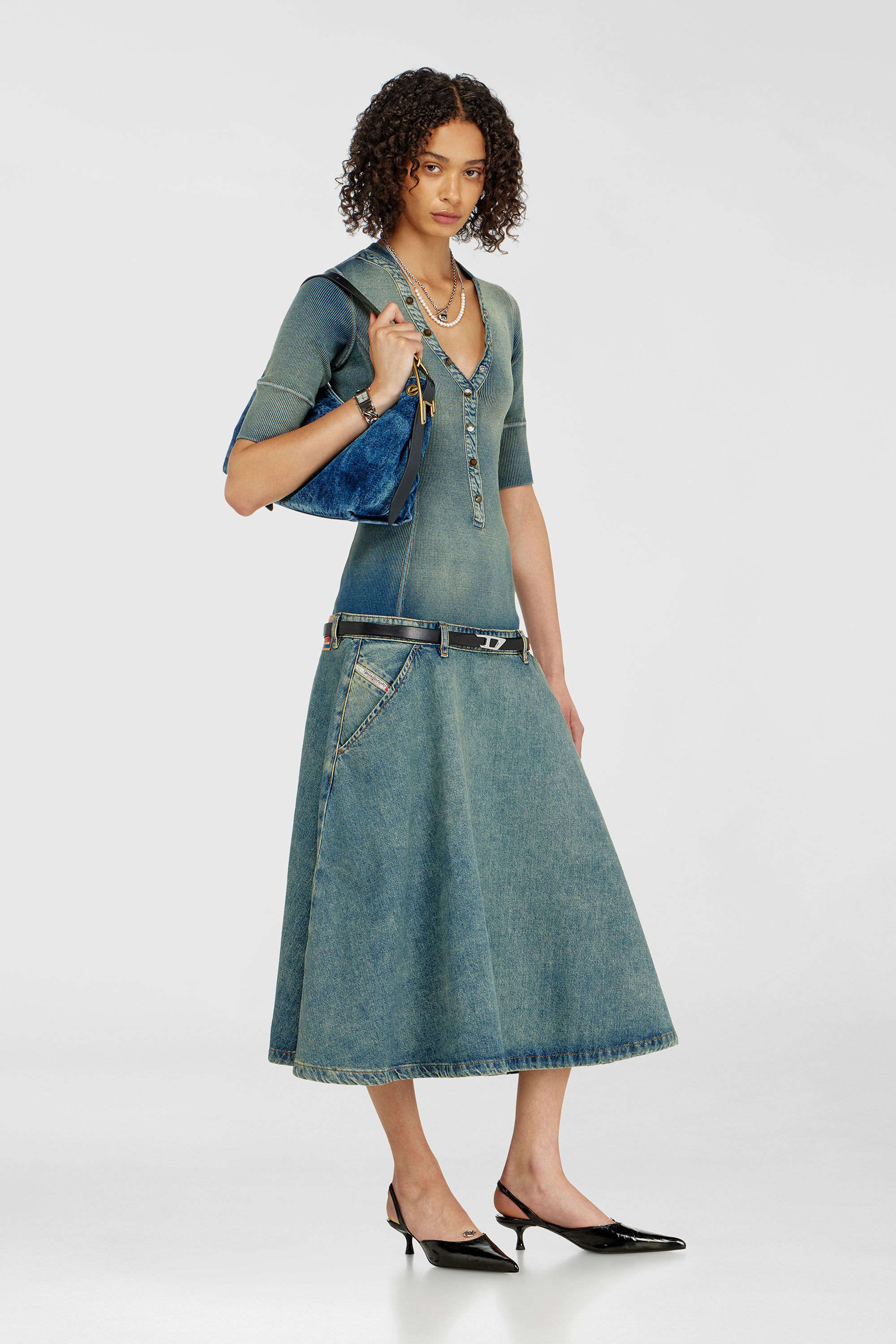 Drop-waist midi dress in knit and denim