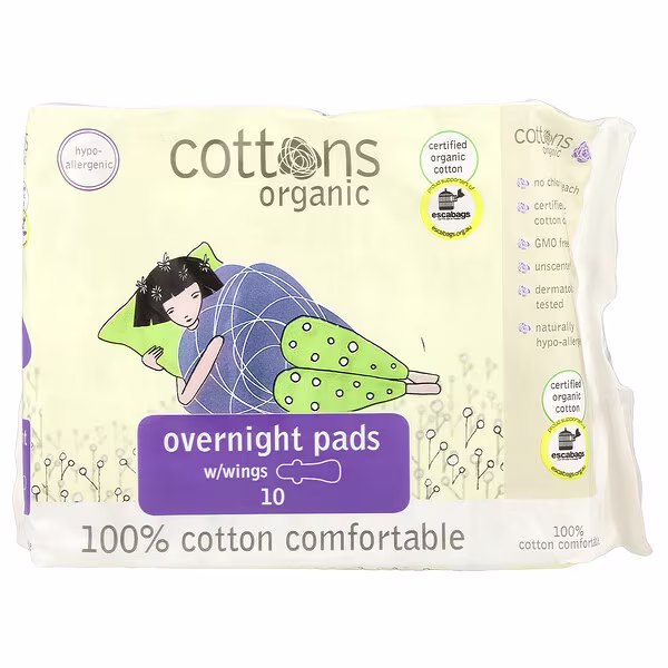 Cottons, Organic, Overnight Pads with Wings, Heavy, Unscented, 10 Pads