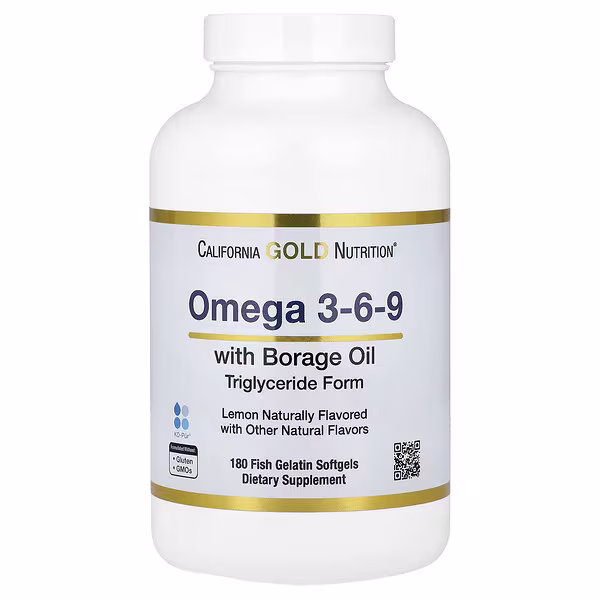 California Gold Nutrition, Omega 3-6-9s, with Omega-3 Fish Oil and Borage Seed Oil, EPA, DHA, GLA, and Linoleic Acid, Natural Lemon, 180 Fish Gelatin Softgels