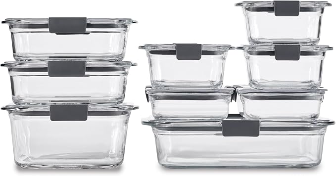Rubbermaid Brilliance Glass Food Storage Containers, Assorted Sizes, Set of 9, BPA-Free, Leak-Proof, Clear