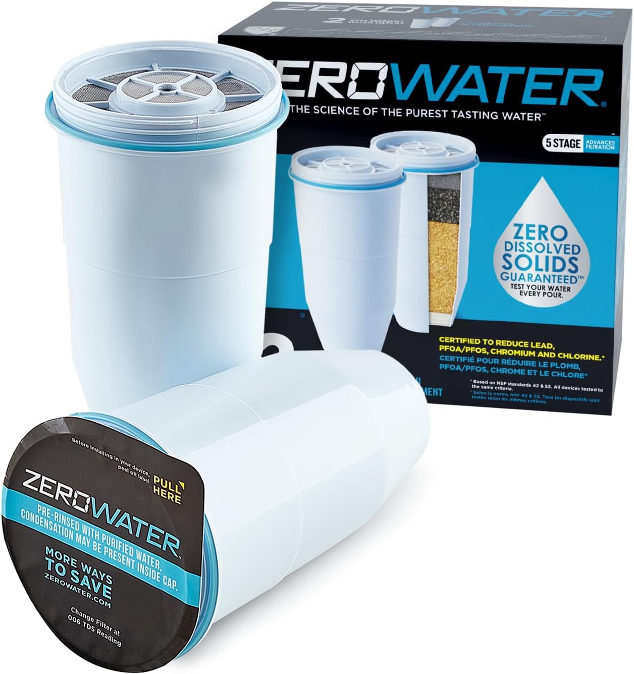 ZeroWater Official Replacement Water Filter Removes PFOA/PFOS 2-Pack | IAPMO certified: Lead, chromium, mercury & PFOA/PFOS; 5-stage advanced filtration replacement filter for ZeroWater pitchers