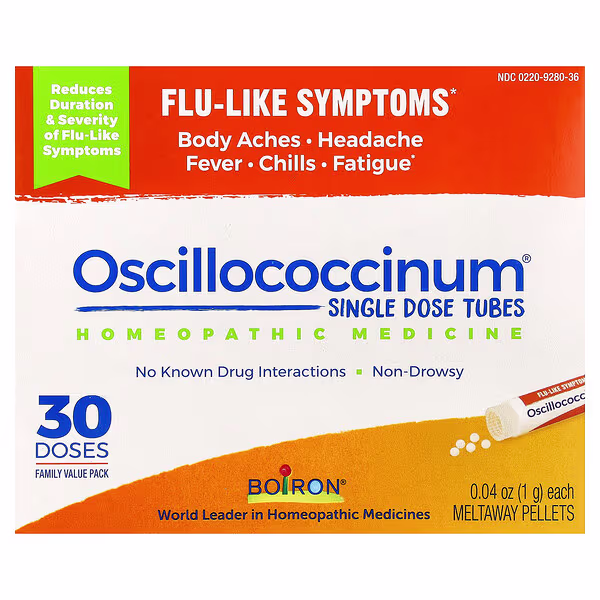 Boiron, Oscillococcinum®, Single Dose Tubes, Flu-Like Symptoms, Ages 2+, 30 Meltaway Pellets , 0.04 oz (1 g) Each