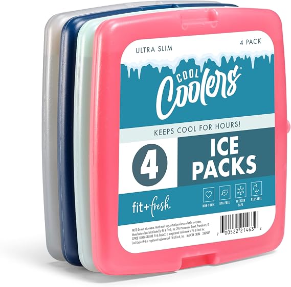 Cool Coolers by Fit & Fresh Slim Ice Packs, Quick Freeze Reusable Ice Packs for Lunch Boxes & Coolers, Long-Lasting, Space Saving Lunch Ice Packs, Blue, 4Pk
