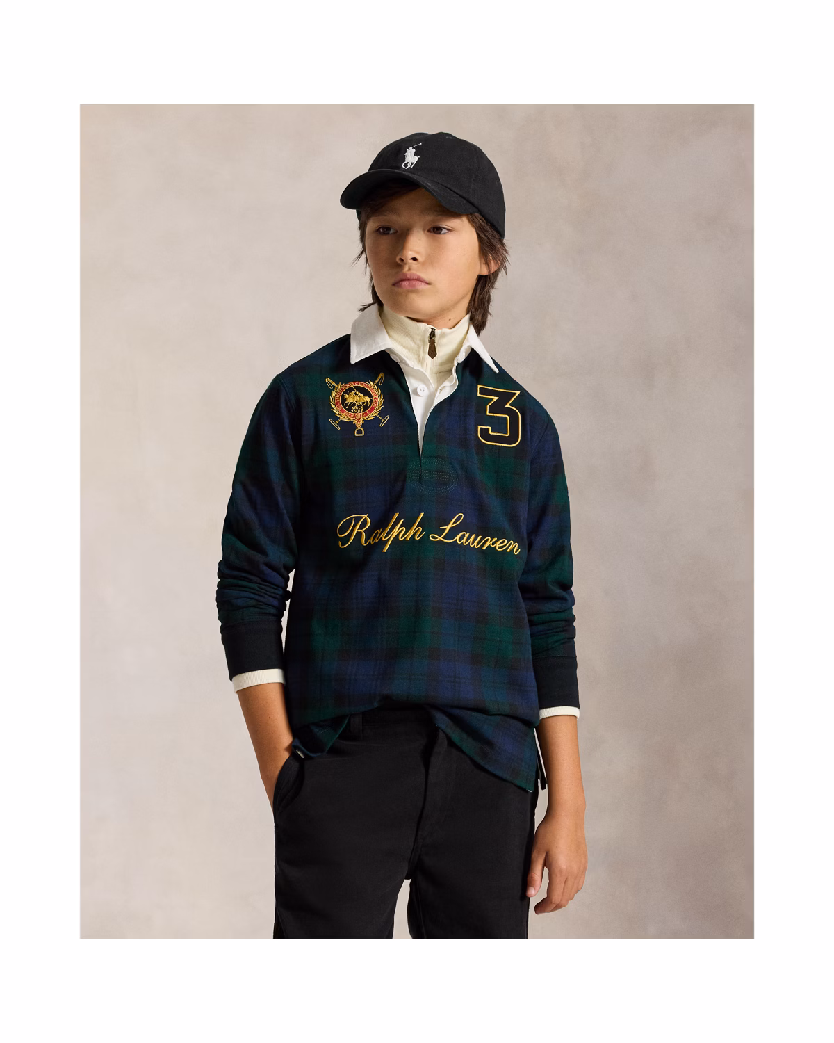 Double-Pony Plaid Cotton Rugby Shirt