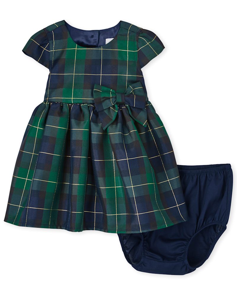 Baby Girls Christmas Short Sleeve Plaid Woven Dress And Bloomers Set