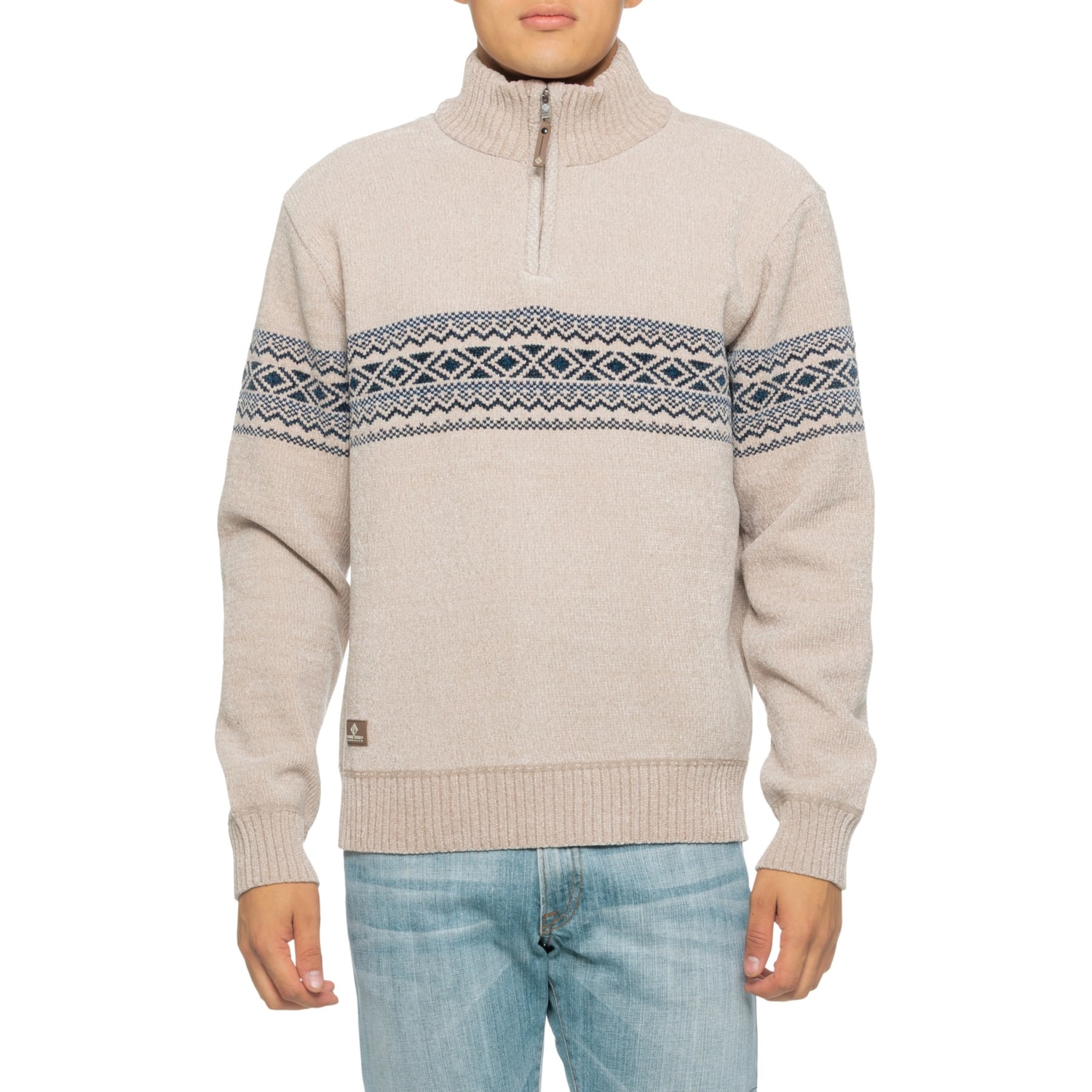 POINT ZERO Fair Isle Fleece Bonded Chenille Sweater - Zip Neck