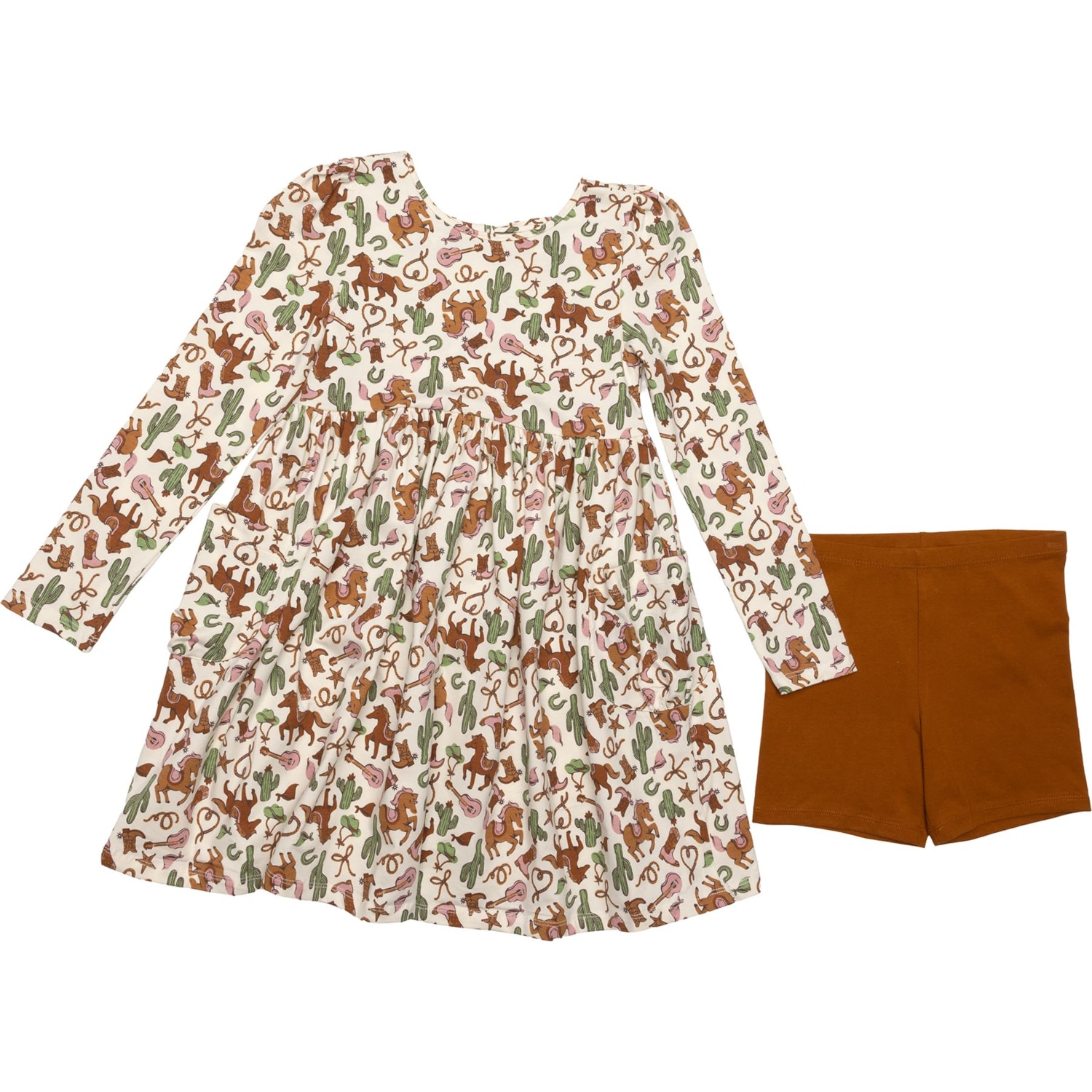 Flapdoodles Little Girls Cowgirl Printed Jersey Dress with Pockets - Long Sleeves