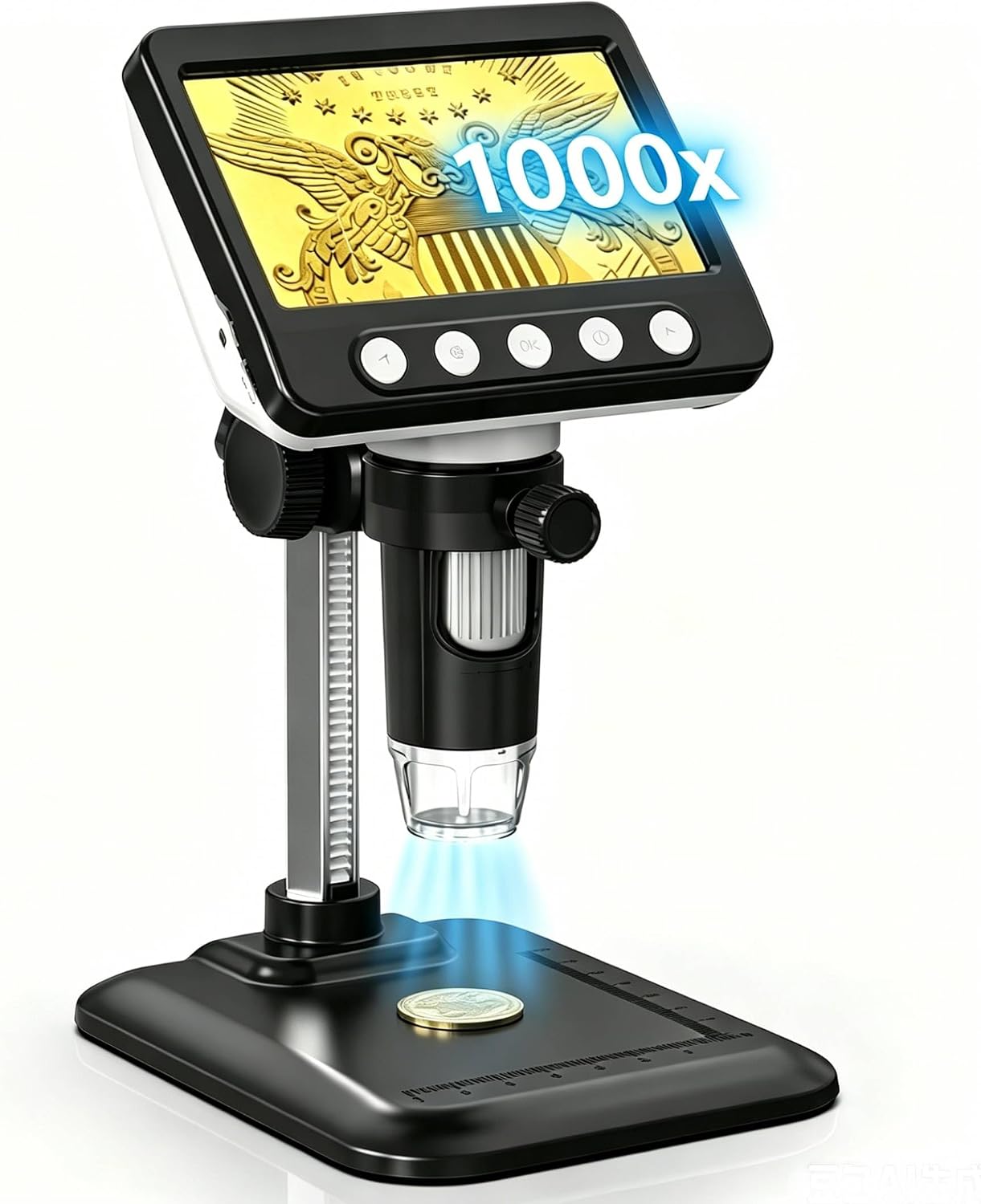 WKR Coin Microscope, 4.3" LCD USB Digital 1000X 1080P Coin Magnifier | 8 Adjustable LED Lights, PC View Compatible with Windows/MacBook for Adults Kids