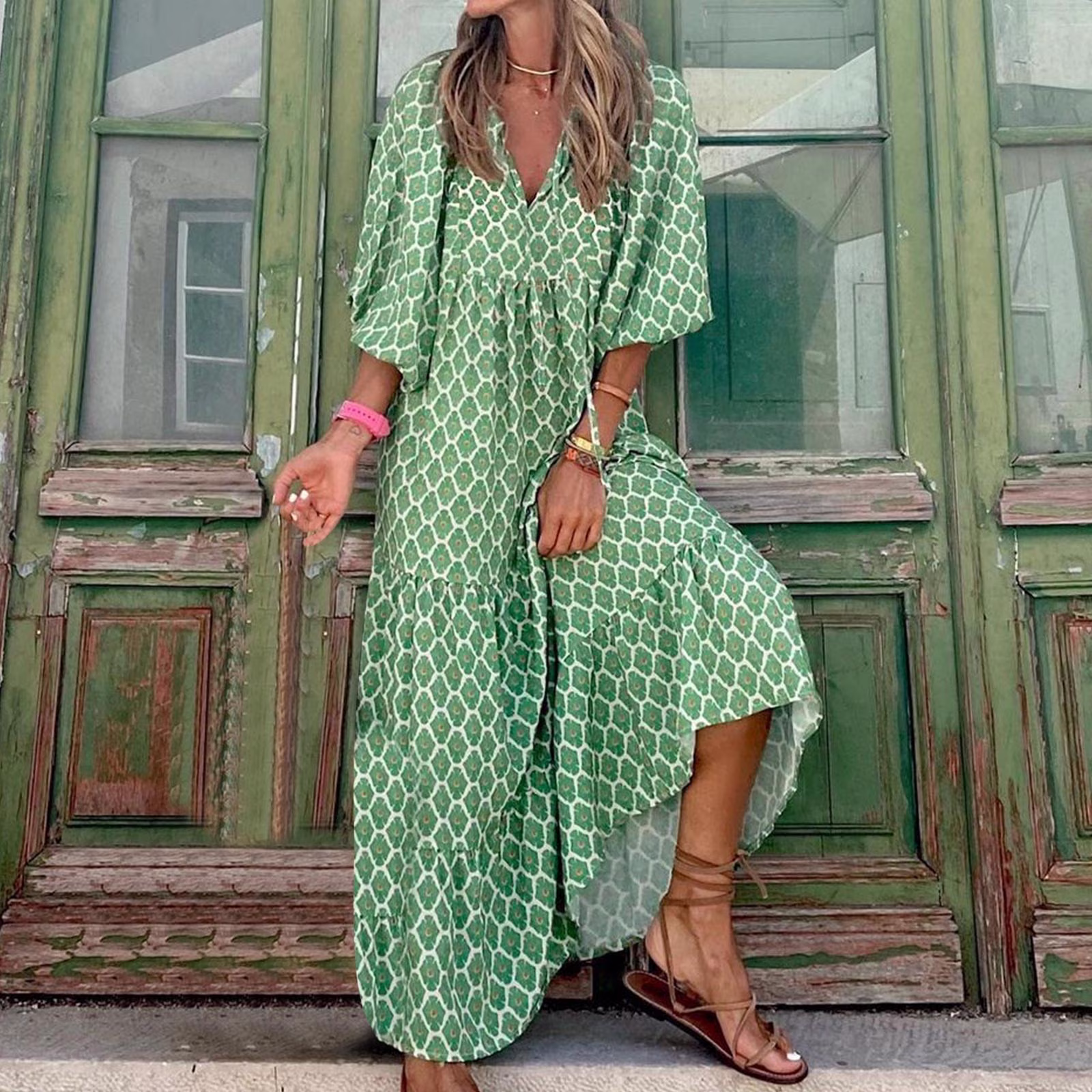 Sakmal Vacation Dresses for Women 2024 Maxi Shift Dress Geometric Tiered Casual Elbow-Length Skirts for Women