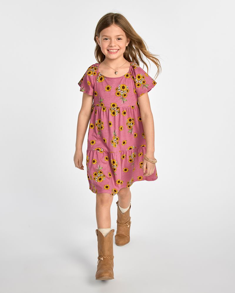 Girls Print Tiered Flutter Dress - pink