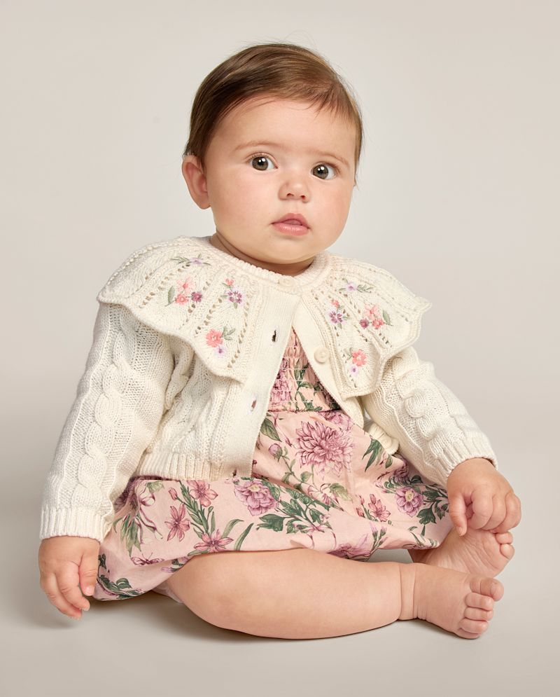 Baby Girls Long Sleeve Embroidered Floral Cable Knit Ruffle Cardigan - Countryside Manor