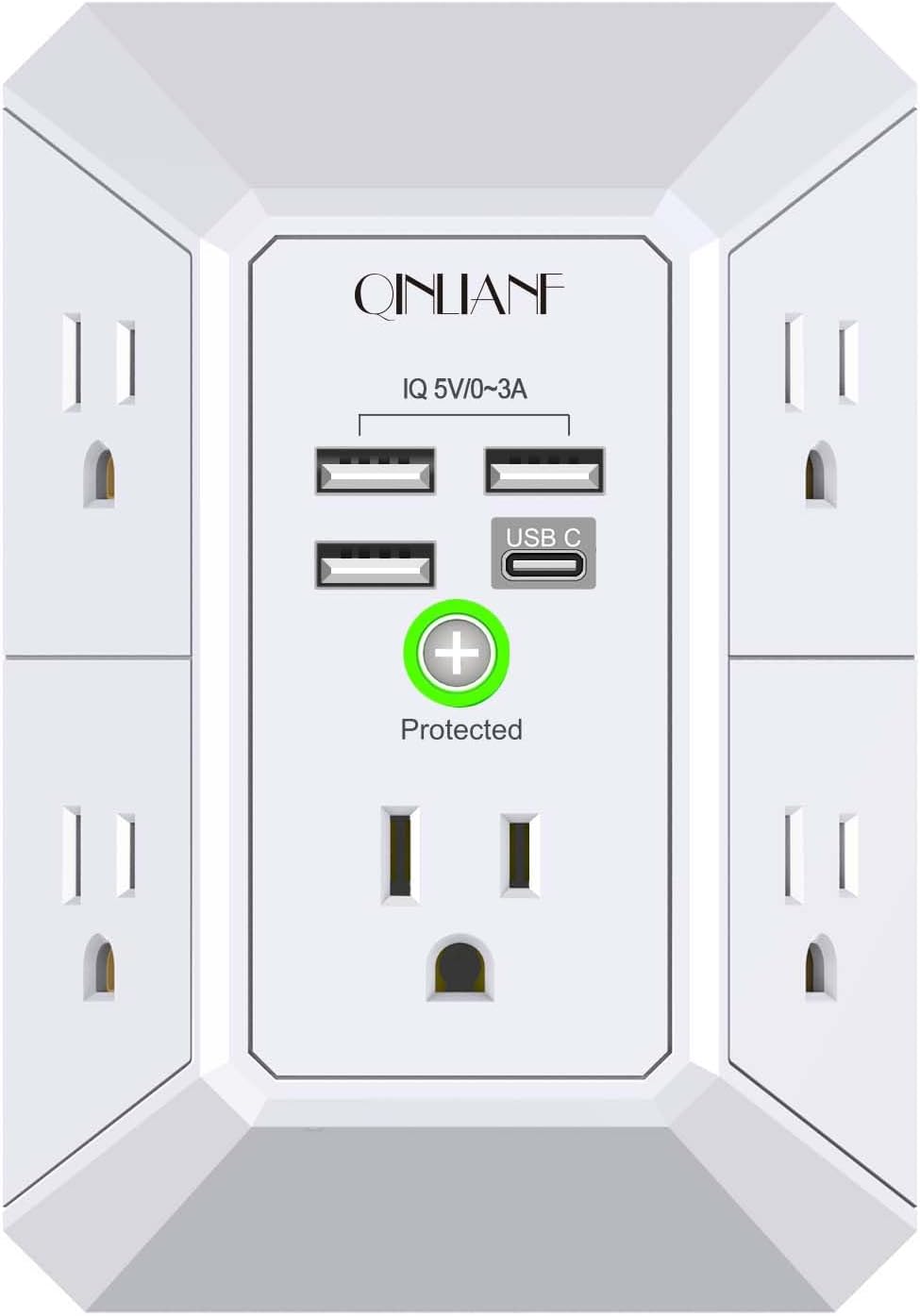 Wall Charger, Surge Protector, QINLIANF 5 Outlet Extender with 4 USB Ports | 1680 Joules, 3-Sided Power Strip, Multi Plug Wall Outlet Adapter Spaced for Home Travel Office, White