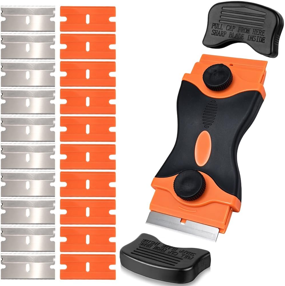 Razor Blade Scraper, 2-in-1 Scraper Tool with 10Pcs Plastic Blades and 10Pcs Metal Blades, Multi-Purpose Cleaning Razor Scraper for Decals, Stickers, Labels, Caulk, Adhesive, Paint Removal