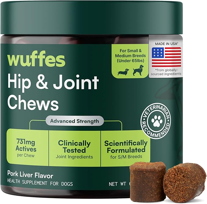 Wuffes Advanced Hip & Joint Chews for Small & Medium Breed Dogs, Vet Recommended, Glucosamine, Chondroitin, MSM, Green-Lipped Mussel & Hyaluronic Acid Supplement, Supports Mobility, 60 Pork Chews