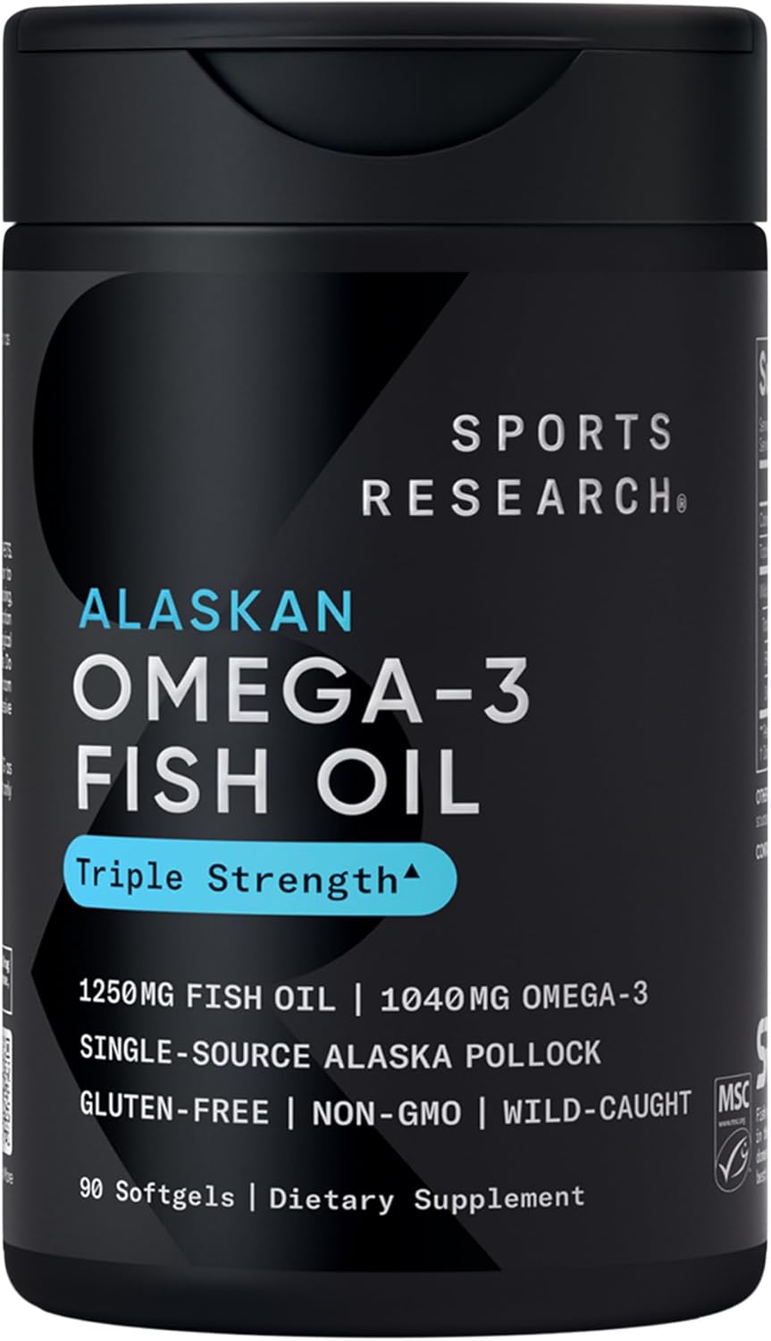 Sports Research® Omega-3 Fish Oil 1250mg from Wild Alaska Pollock, 90 Count | Always Fresh Never Fishy | 690mg EPA 260mg DHA per Softgel · Heart & Brain Health* · MSC Certified Sustainable - 90 Servings