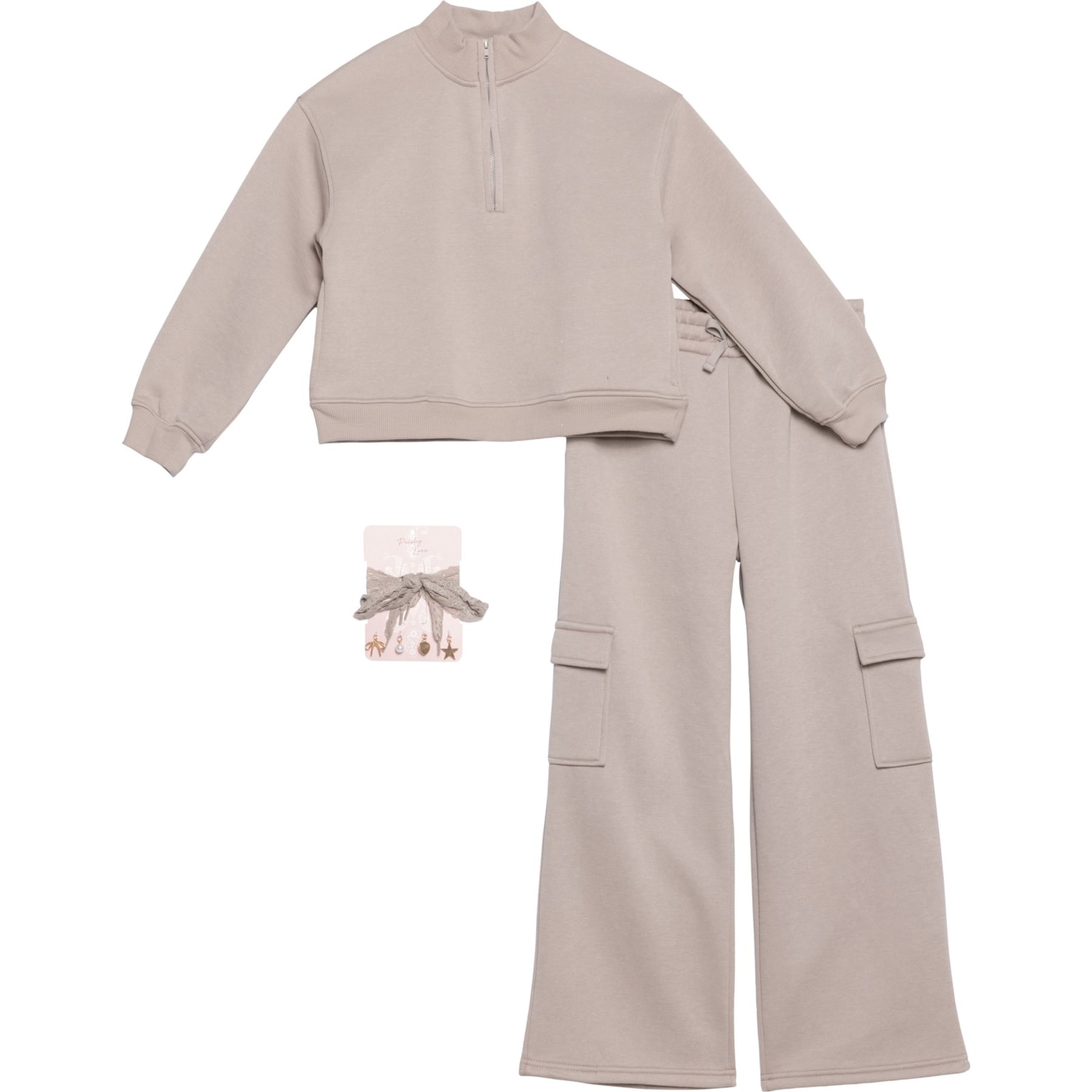 PAISLEY LANE Big Girls Fleece Zip Neck Sweatshirt and Wide-Leg Cargo Pants Set
