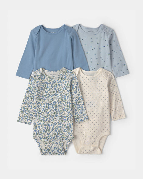 Baby Girl 4-Pack Blueberry Floral Long-Sleeve Bodysuits - Blue