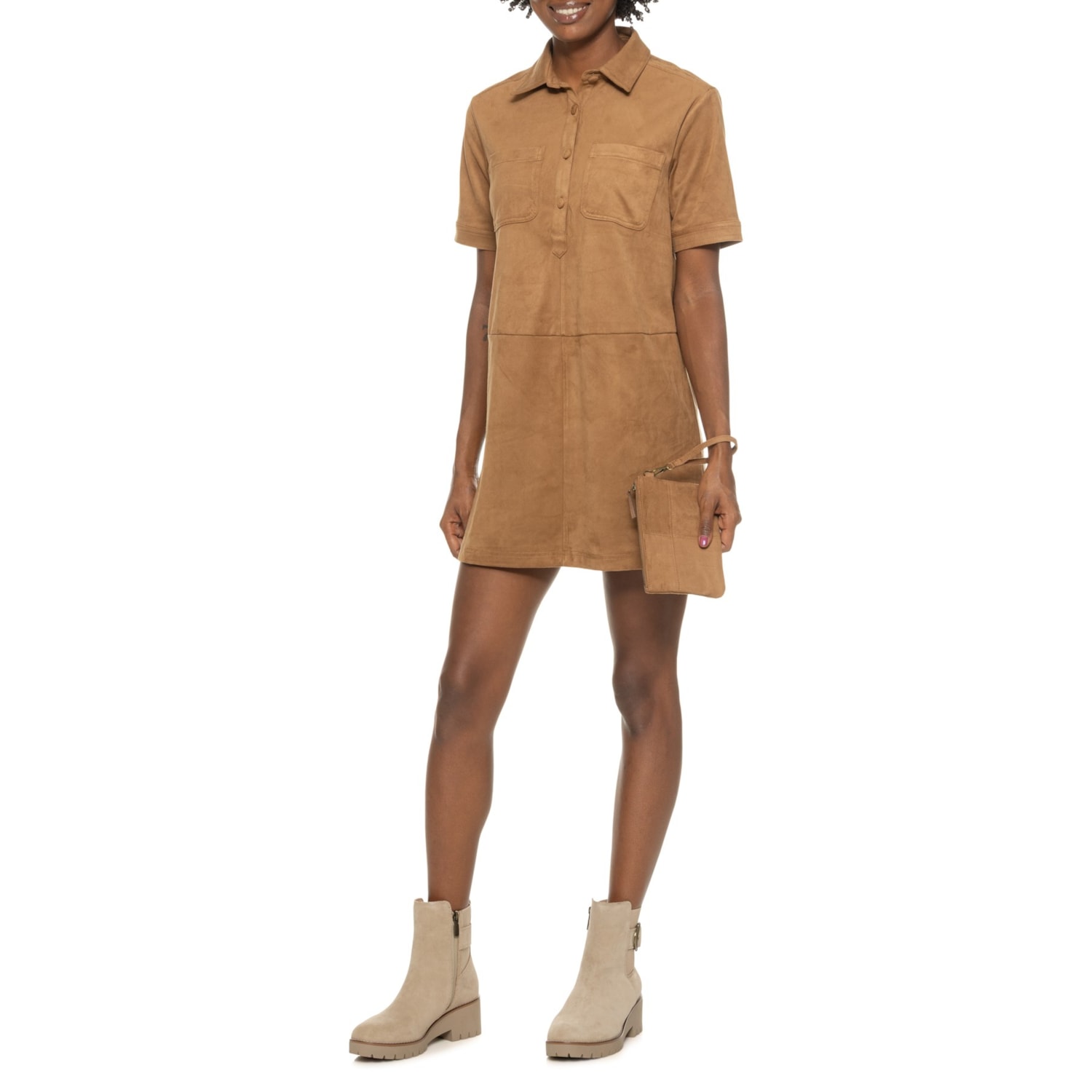 Lucky Brand Collared Faux-Suede Mini Dress - Short Sleeve