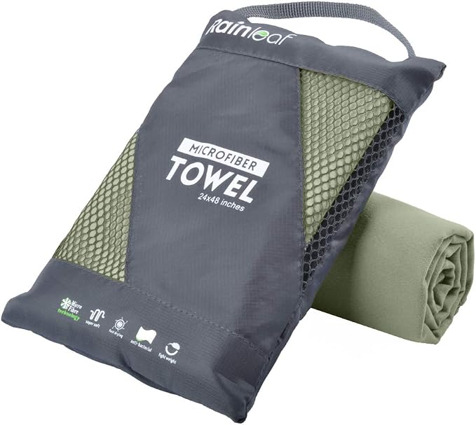 Rainleaf Microfiber Towel Quick Dry Camping & Travel & Gym Towel. Compact | Super Absorbent, Lightweight, Fast Drying. Suitable for Beach, Bath, Backpacking, Hiking, Swim. Army Green, 48 x 24 in