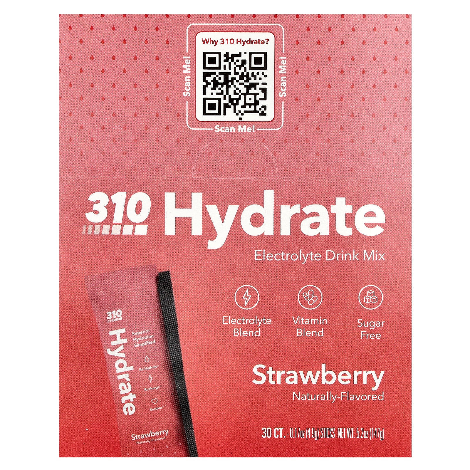 310 Nutrition, Hydrate, Electrolyte Drink Mix, Strawberry, 30 Sticks, 0.17 oz (4.9 g) Each