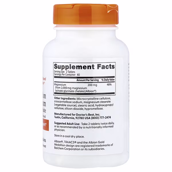 Doctor's Best, High Absorption Magnesium Lysinate Glycinate, Chelated, Albion® TRAACS®, 120 Tablets (100 mg per Tablet)