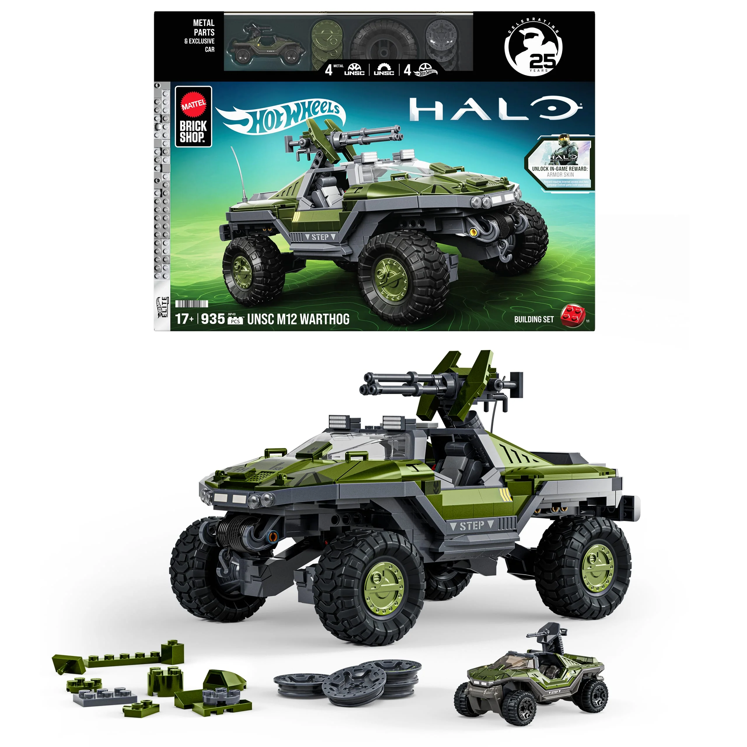 Mattel Brick Shop Hot Wheels Halo UNSC M12 Warthog Building Toy Kit (935 Pieces), For Collectors
