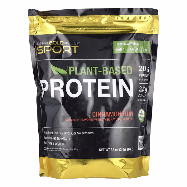 California Gold Nutrition, Sport, Plant-Based Protein with Organic Brown Rice Protein Concentrate, Flaxseed, Chia Seed, Cinnamon Bun, 2 lb (907 g)