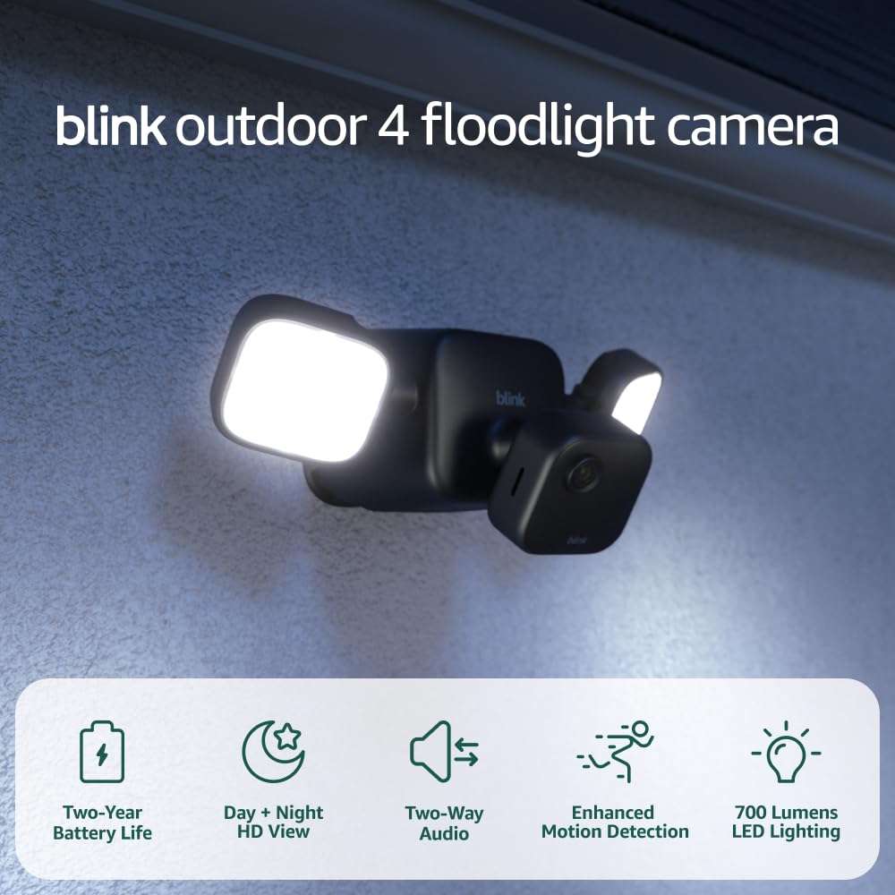 Blink Outdoor 4 Floodlight Camera — Wireless smart security camera, 700 lumens, two-year battery life, enhanced motion detection, Sync Module Core included — 1 camera system