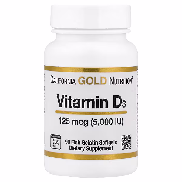 California Gold Nutrition, Vitamin D3, 125 mcg (5,000 IU), 90 Fish Gelatin Softgels