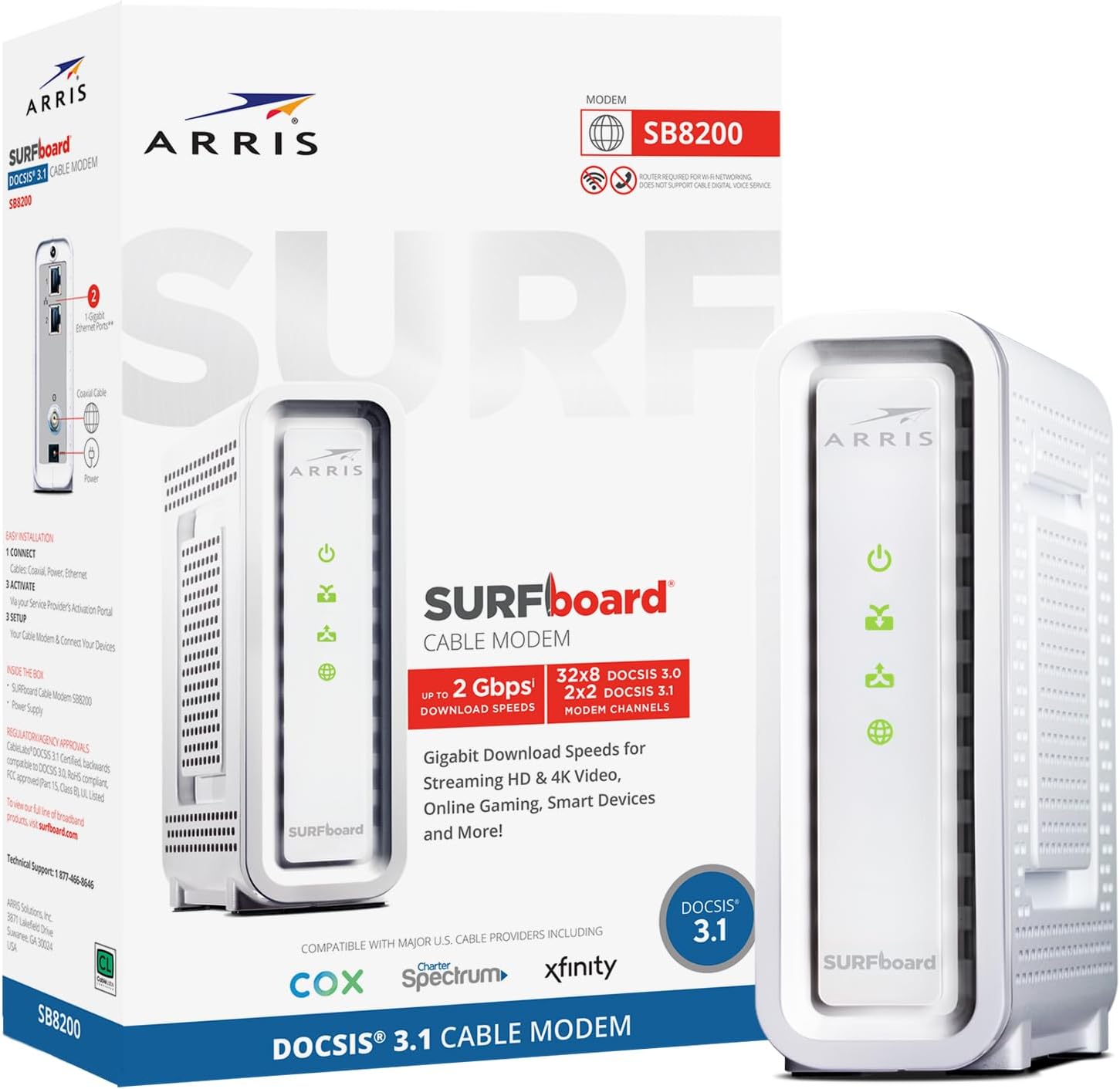 ARRIS SURFboard SB8200 DOCSIS 3.1 Cable Modem | Up to 1 Gbps Plans | Two 1 GbE ports deliver up to 2 Gbps wired aggregate; works with Xfinity, Cox, Spectrum; modem only, router required.