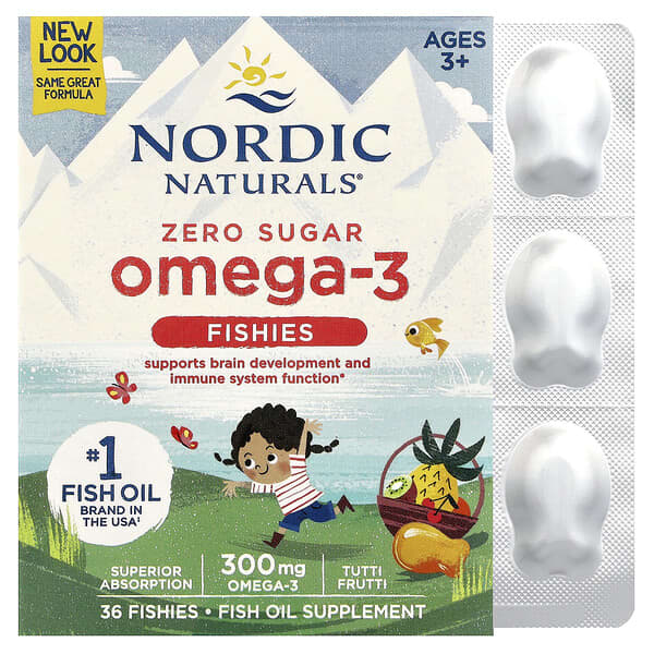 Nordic Naturals, Omega-3 Fishies, Zero Sugar, Ages 3+, Tutti Frutti, 300 mg, 36 Fishies