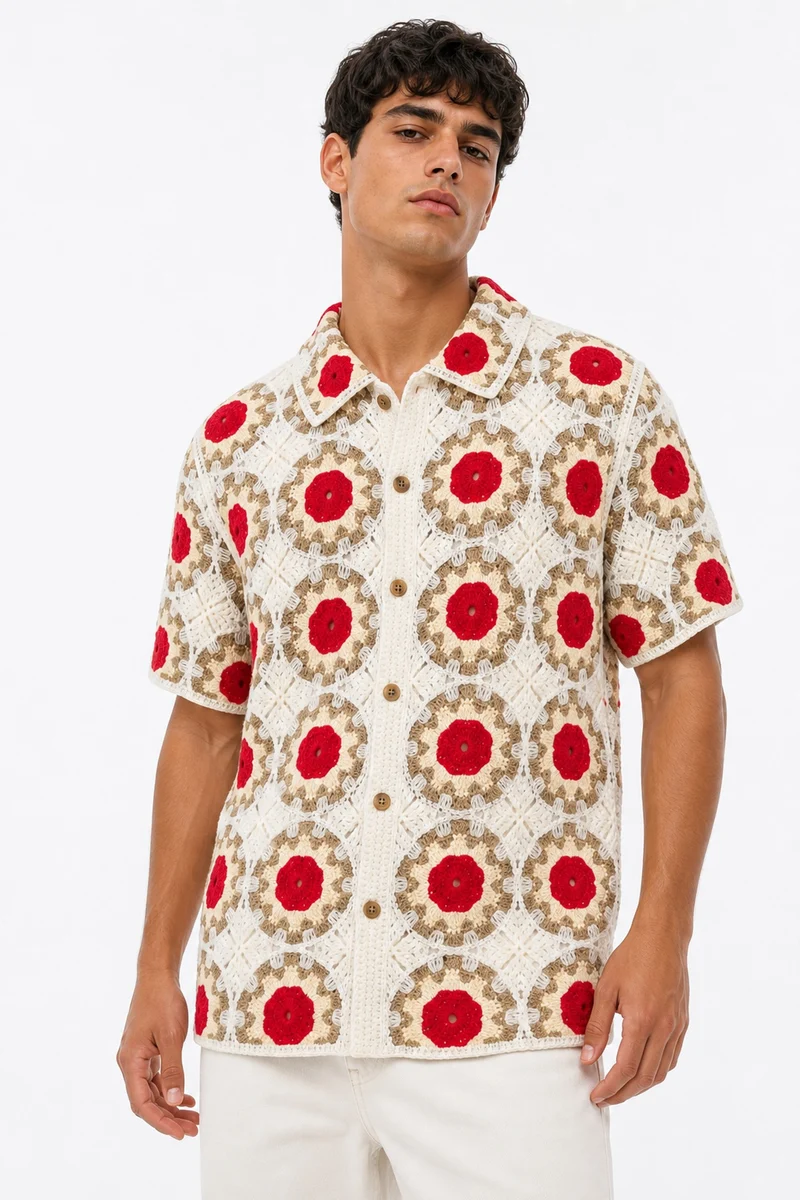 Medallion Crochet Short Sleeve Button Down Shirt