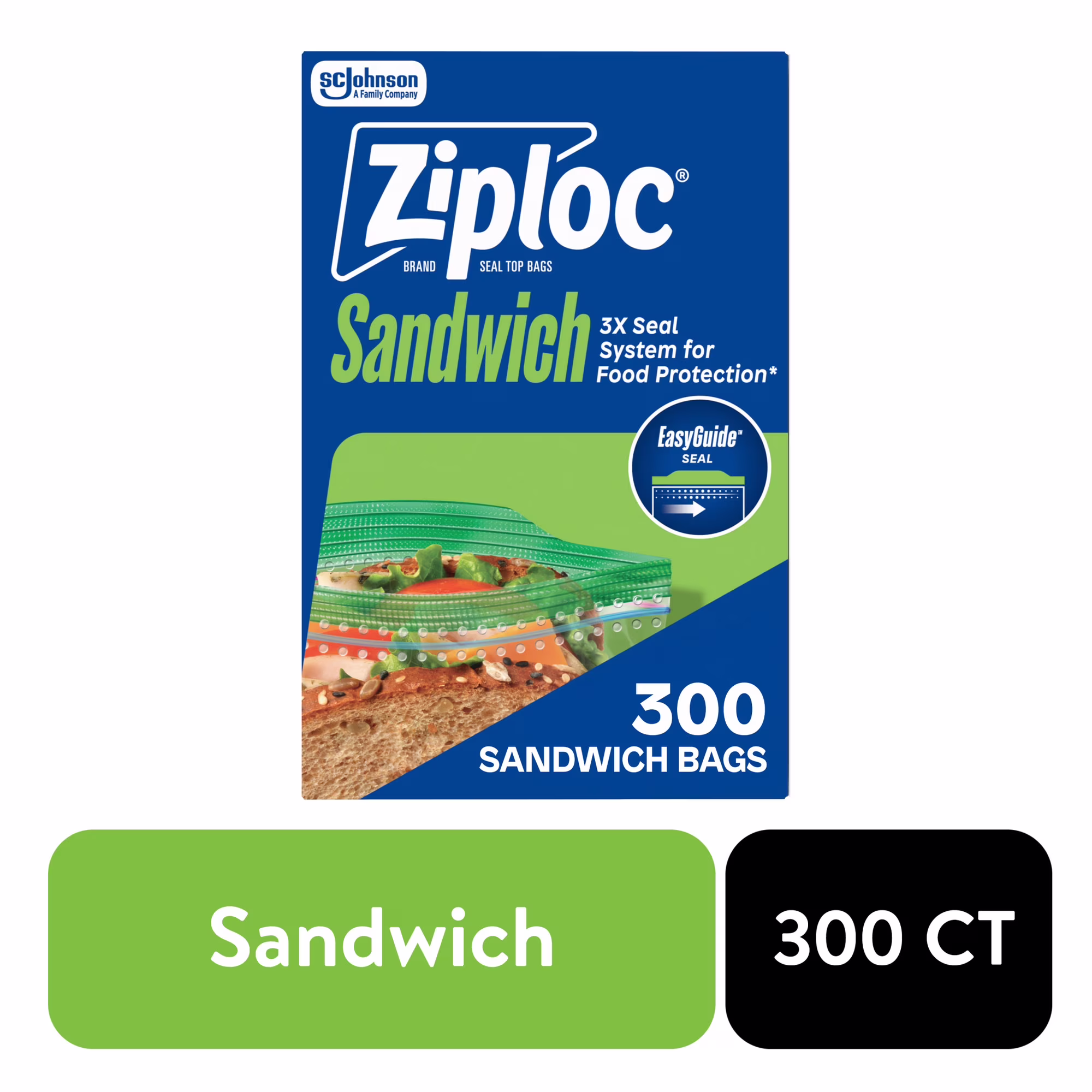 Ziploc® Brand Sandwich Bags with EasyGuide™ Texture, Grip 'n Seal Technology™, Food Storage, Zipper, 300 Count
