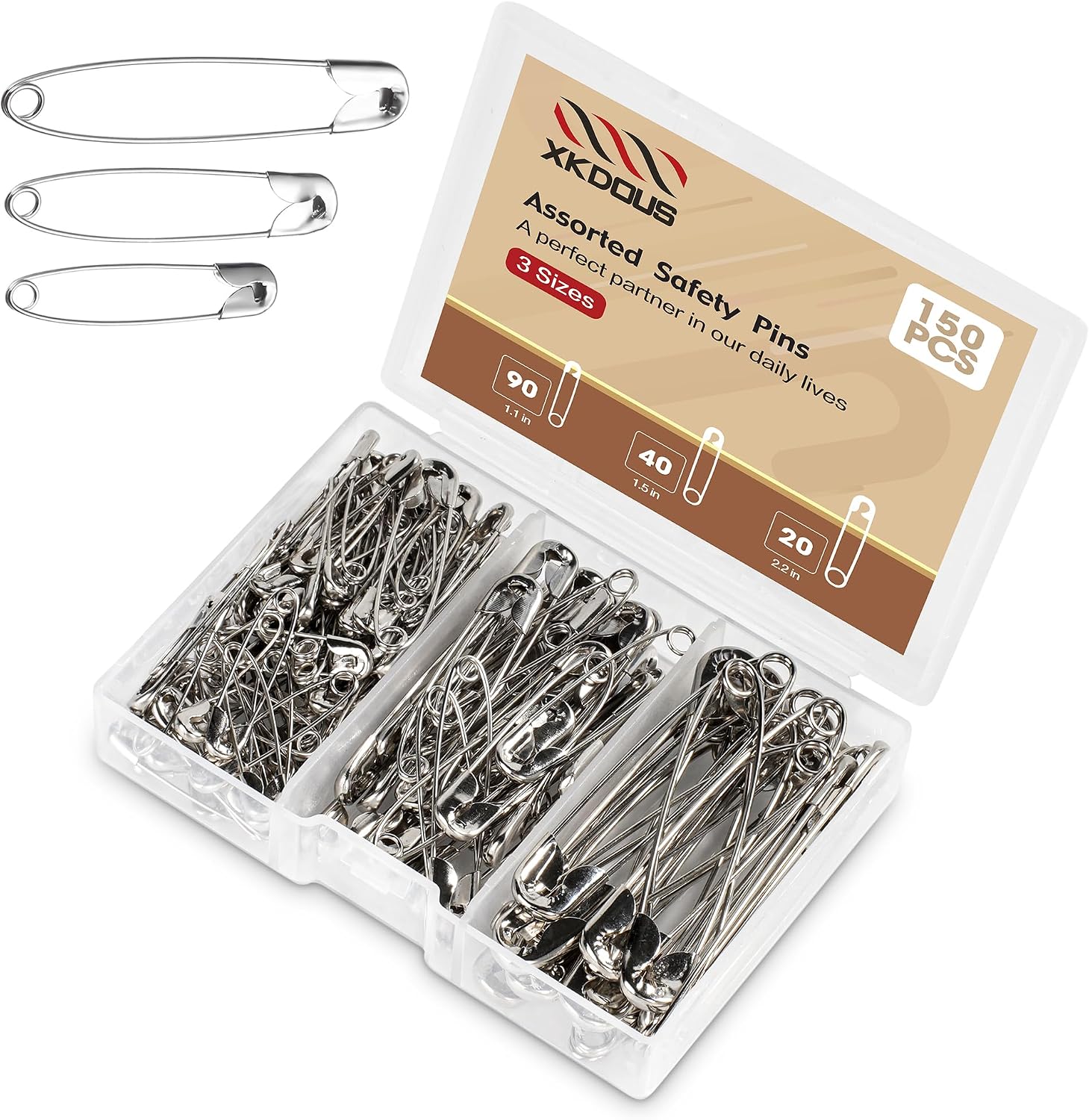 XKDOUS 150 Pack Safety Pins for Clothes 3 Universal Assorted Sizes, Silver
