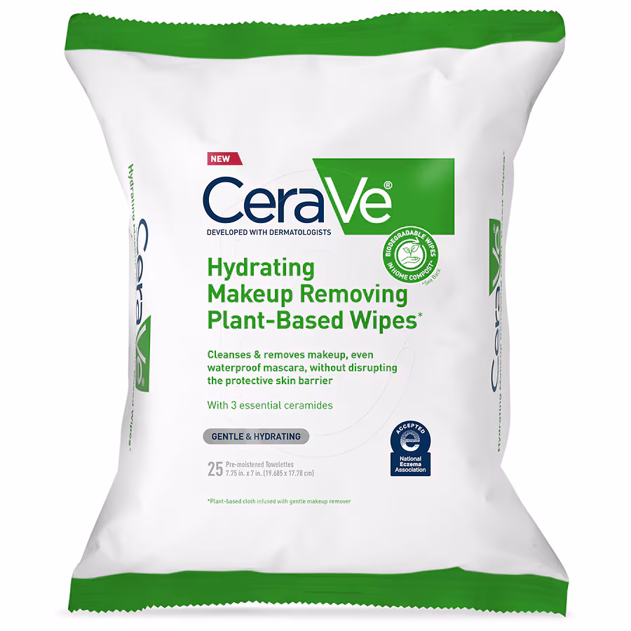 CeraVe Hydrating Makeup Remover Wipes, Plant Based Alcohol-Free Fragrance Free