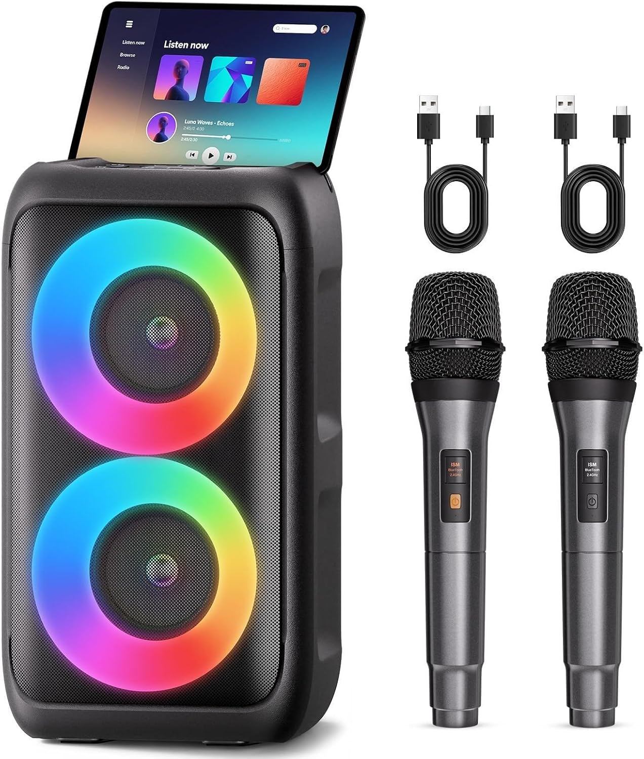Bluetooth Speaker with 2 Wireless Microphones - Big Party Speaker for Adults Kids Karaoke with Lights - Portable Rechargeable Support TWS/AUX/USB/TF Card for Home Party Gift Floorstanding Speaker