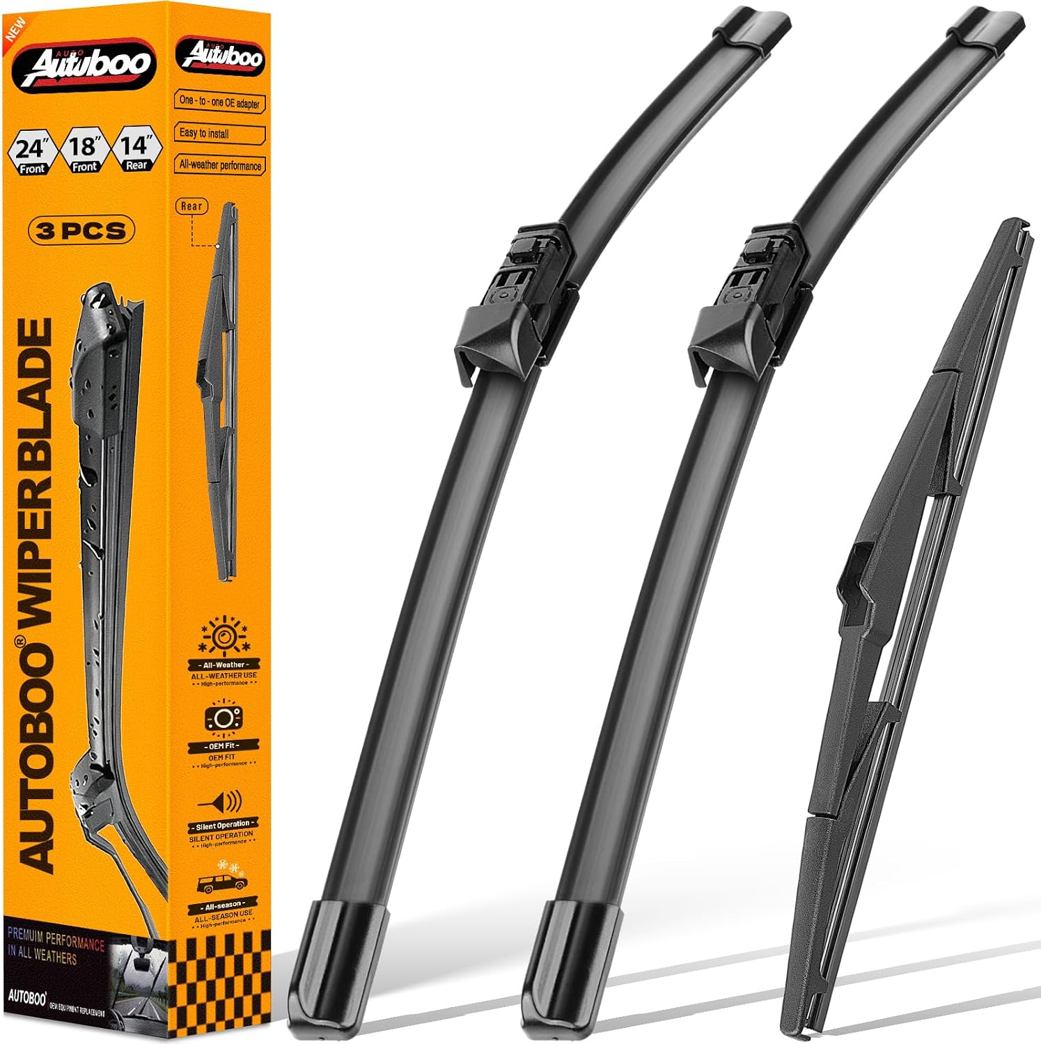AUTOBOO Windshield Wiper Blade Replacement for Mazda CX5 CX9 2017-2025 | Fits CX-5 2017-2025/CX-9 2016–2023; 24"+18" front + 14" rear, OE fit, all-weather, quiet, easy install