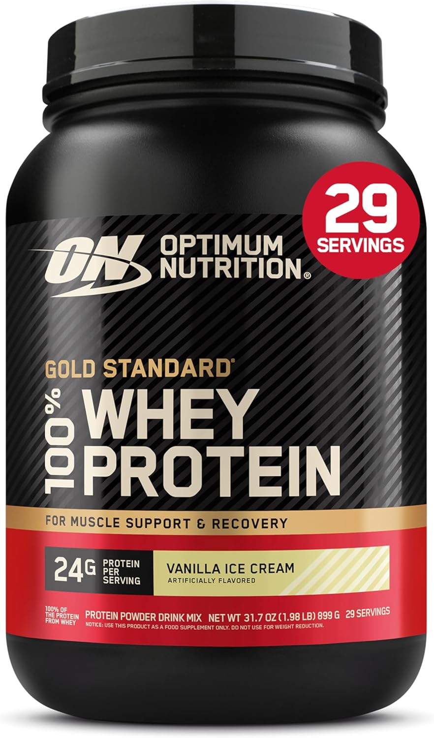 Optimum Nutrition Gold Standard Whey Protein Powder, Vanilla Ice Cream, 2LB | 24g 100% Whey Protein Per Serving, with BCAAs, Gluten Free, Banned Substance Tested, Easy Mixing, Muscle Support & Recovery