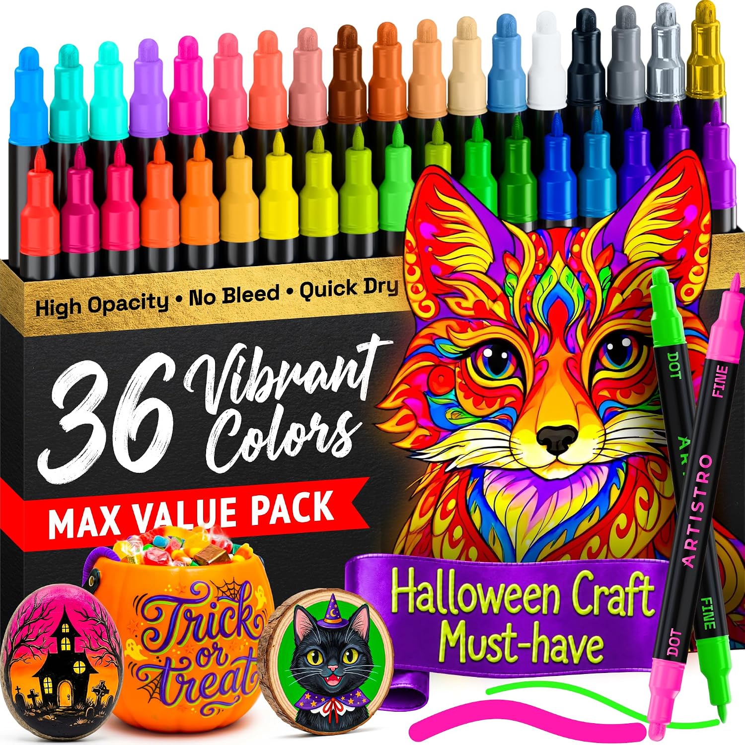 ARTISTRO 36 Multicolor Dual-Tip Acrylic Paint Marker Pens | For Fabric, Rock, Glass, Wood, Coloring Book, Arts & Crafts Gift, Pumpkin Decorating Kit & Halloween Crafts (Dot & Fine Tips)