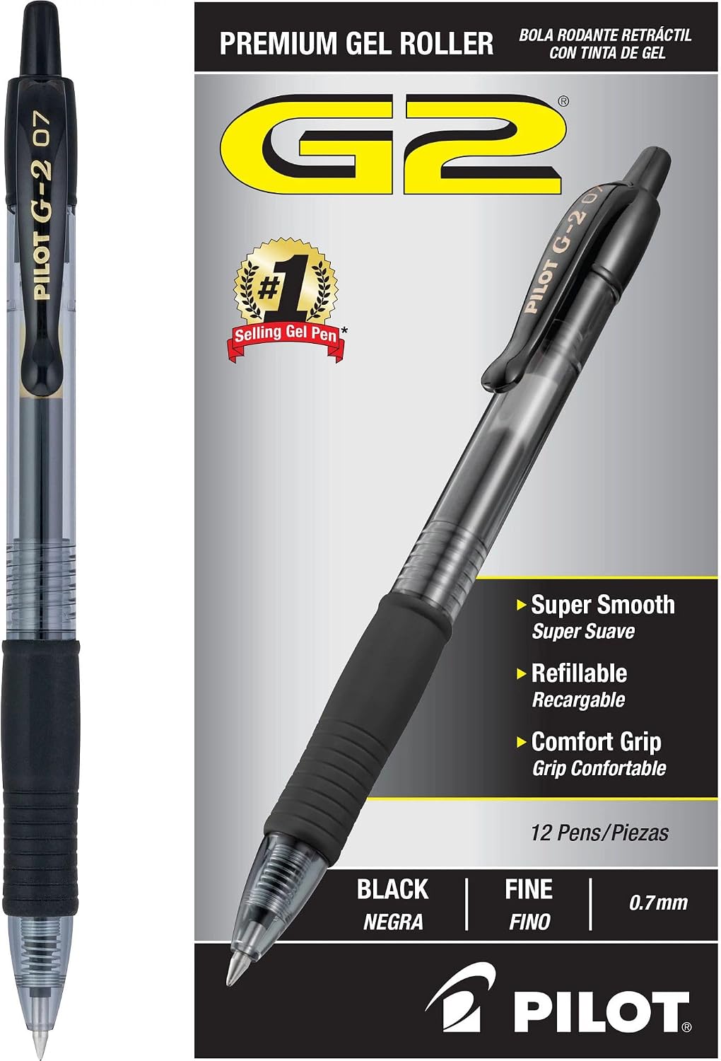 PILOT G2 Premium Gel Pens, Fine Point 0.7mm, Black Ink, 12-Pack | G2 pilot pens, refillable and retractable ball, gel pens for journaling, writing pens, quick-drying ink, contoured grip