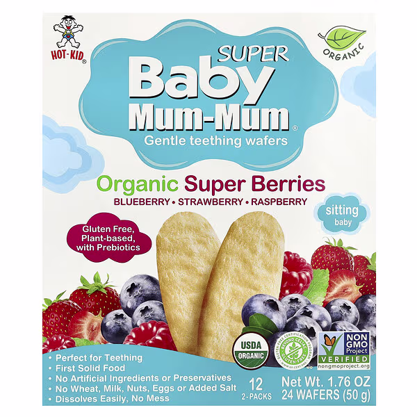 Hot Kid, Baby Mum-Mum® Super, Gentle Teething Wafers, Organic Super Berries, 12 Packs, 2 Wafers Each