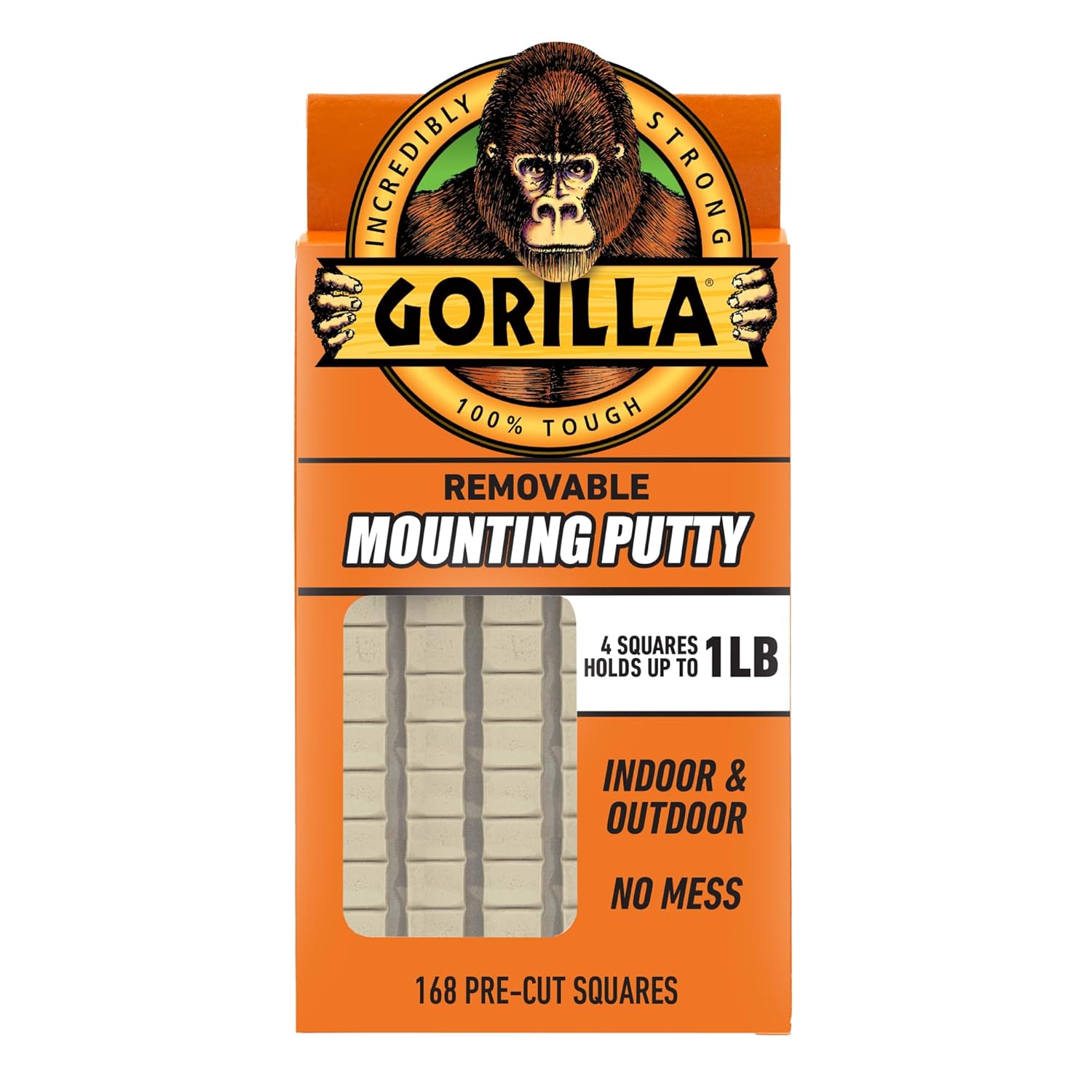Gorilla Removable Mounting Putty, Reusable Tack, 168 Pre Cut Squares | Repositionable adhesive putty holds up to 2 lbs. No-mess mounting for posters, signs & décor, indoors or out