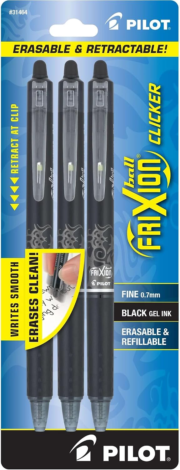PILOT FriXion Clicker Erasable Pens, Fine Point 0.7 mm, Black Ink, 3-Pack | Erasable, refillable & retractable black pens for notes and sketches, retract at tip, smooth writing fine point pen 0.7 mm