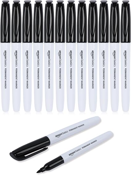 Amazon Basics Fine Tip Permanent Markers for Writing, Drawing, Quick Drying, Office, School, and Home Use, Black, 12 Pack