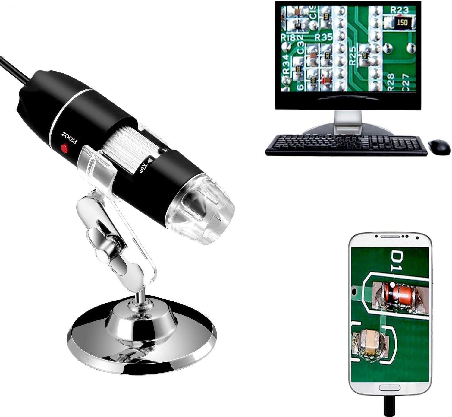 Jiusion 40 to 1000x Magnification Endoscope, 8 LED USB 2.0 Digital Microscope, Mini Camera with OTG Adapter Metal Stand, Compatible with Mac Windows 7 8 10 11 Android Linux Chrome Not for iPhone/iPad