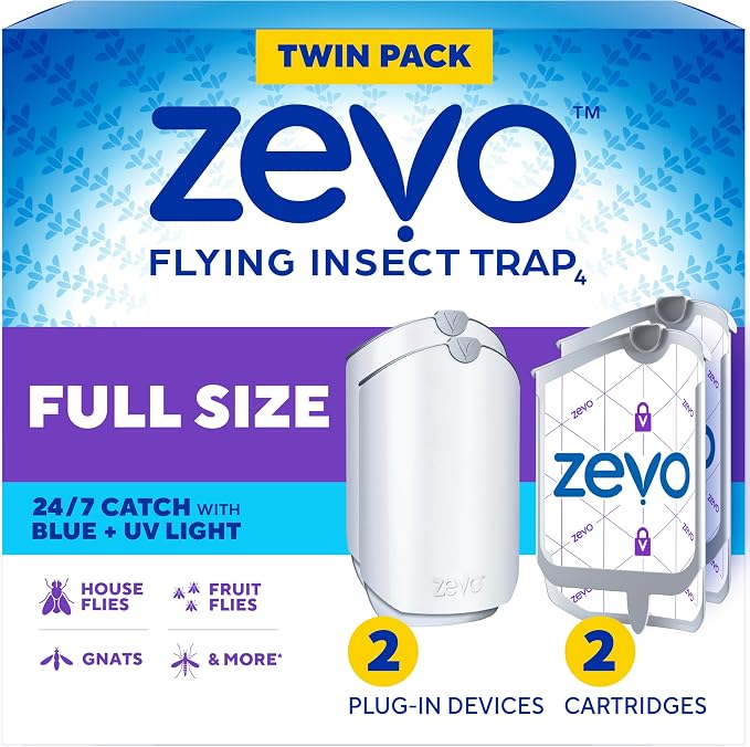 Zevo Flying Insect Trap for Fruit Flies & Gnats, 2 Plug-in Bases, 2 Refills | Catches Fruit Flies & Gnats Near Fruit Bowls & Trash Bins, Spray-Free, Odor-Free, Blue & UV Light Trap, Safe for Kids & Pets*