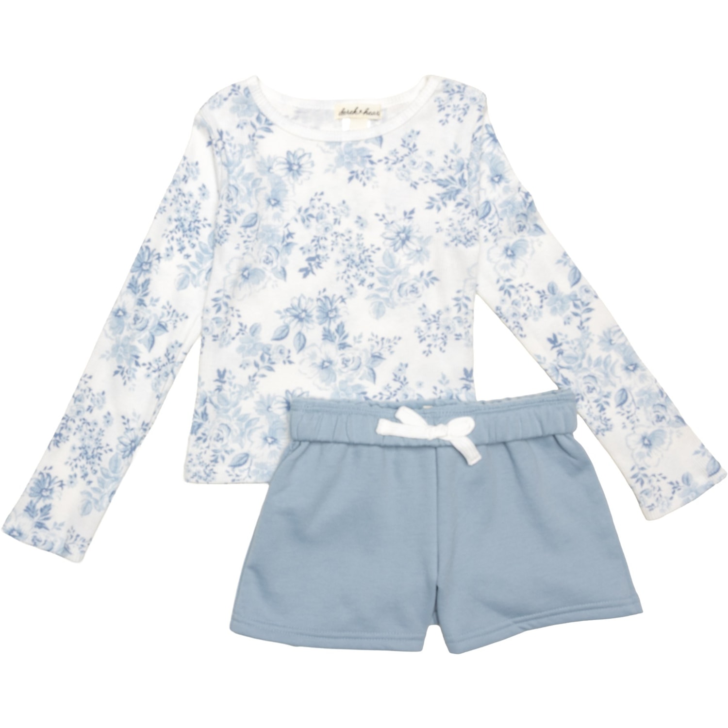 DEREK HEART Big Girls Floral Printed Ribbed Shirt and Fleece Shorts Set - Long Sleeve
