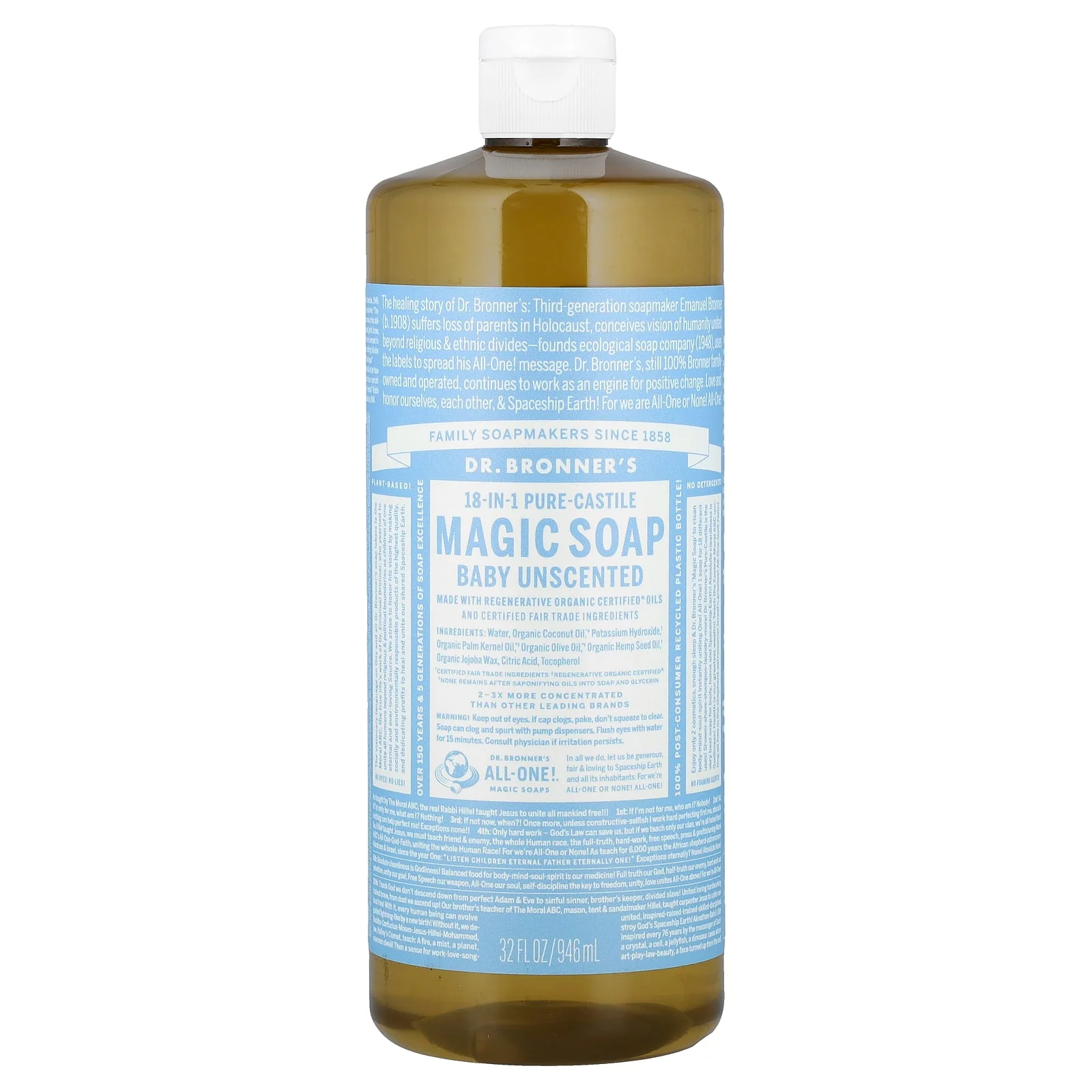 Dr. Bronner's, 18-in-1 Pure-Castile Magic Soap, Baby, Unscented, 32 fl oz (946 ml)